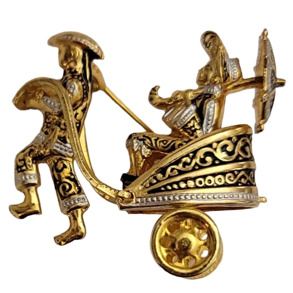 Toledoware, Damascene Style Articulated Wheels Rickshaw Carriage Brooch Pin M844